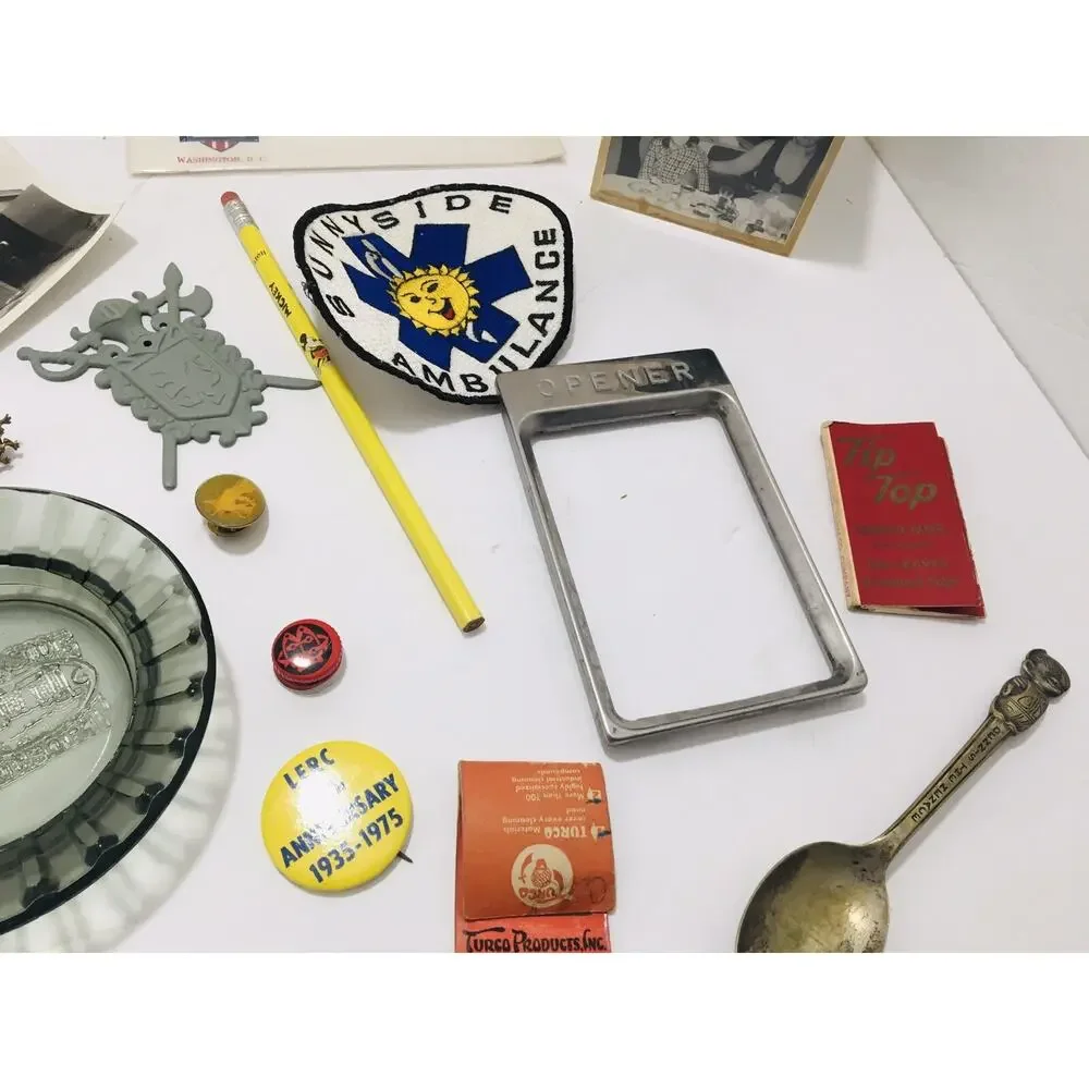 JUNK DRAWER LOT MAP OLD PHOTOS PINS PATCHES BUTTONS STAMPS SPOONS COIN CIVIL WAR